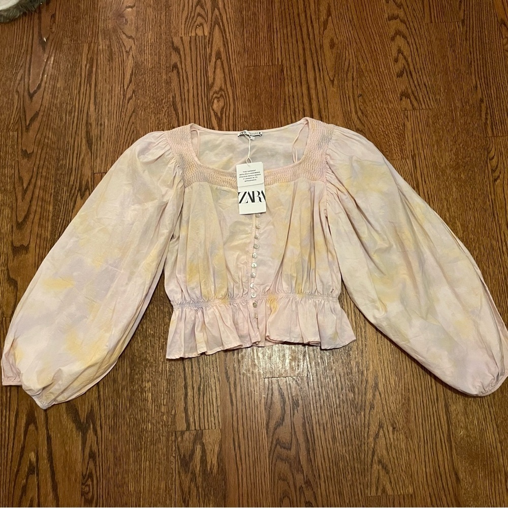 Zara Tie Dye Balloon Sleeve Crop Peplum Top Size SMALL NWT